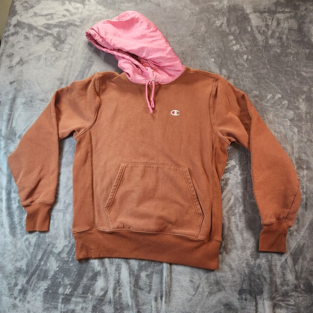 Champion Hoodie Mens Medium Brown Pink UO Reverse Weave Fleece Hood Embroidered